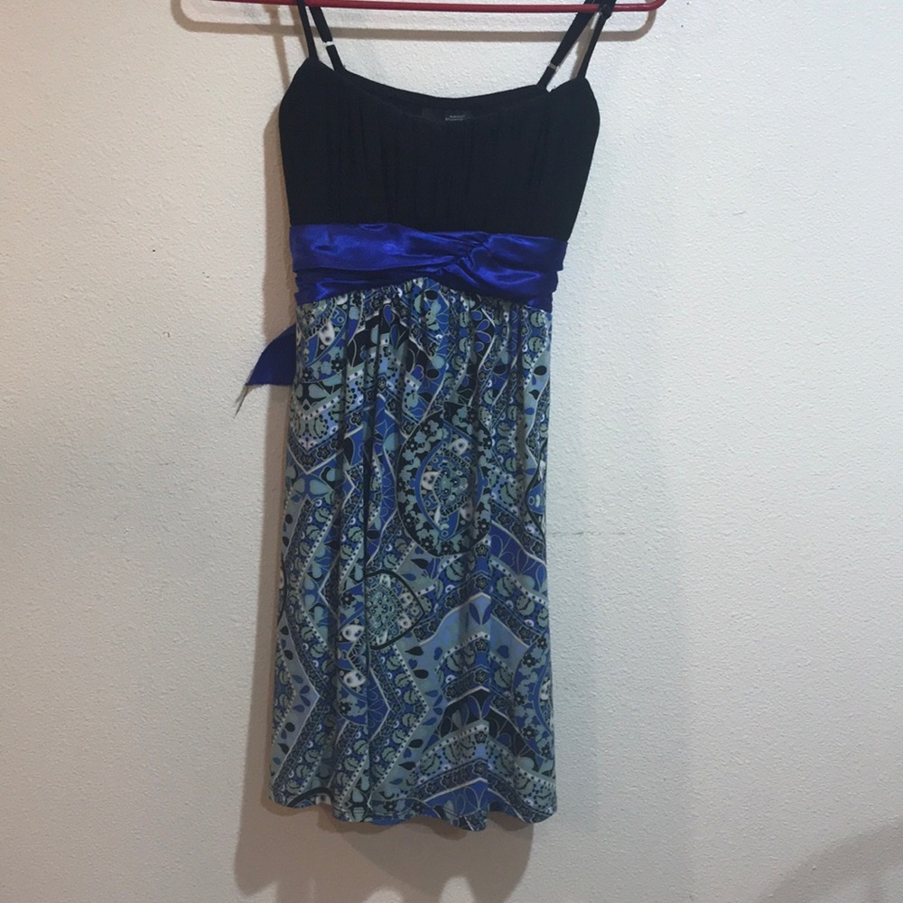 Black Dress with Blue Sash and Floral Detailing